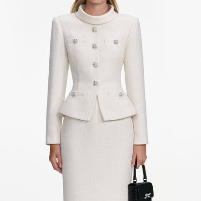 SP Cream Boucle Tailored Peplum Midi Dress