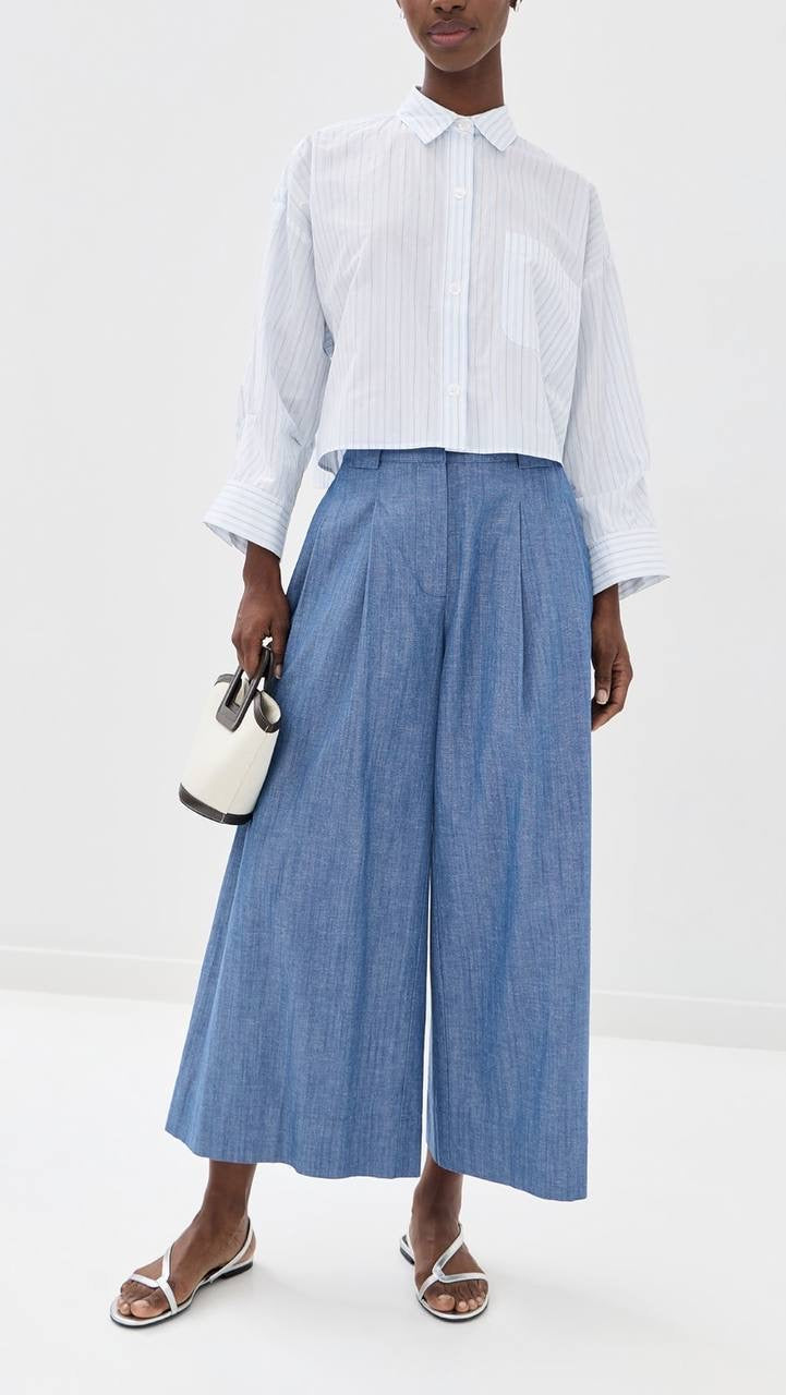 AA Godet Crop Tank Top | Bari Shorts/Crop Trousers | Elan Palazzo Pant | Chambray Blue Cotton-linen Set