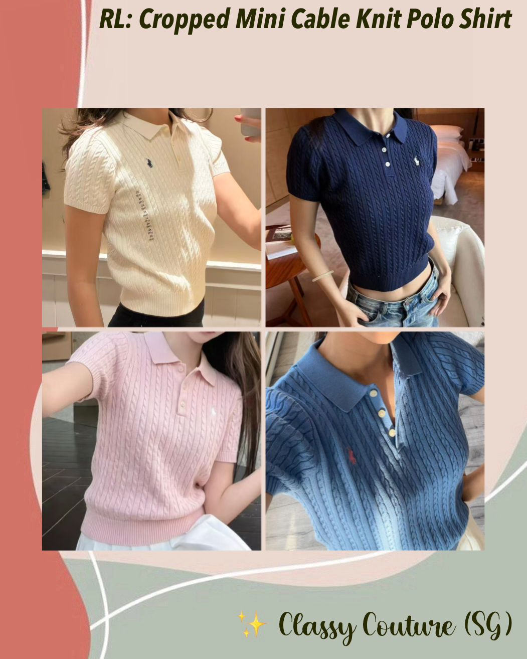 4 Colors! RL Cropped Mini Cable Knit Polo Shirt