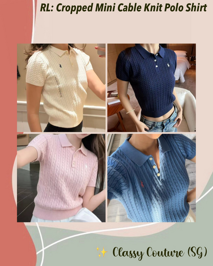 4 Colors! RL Cropped Mini Cable Knit Polo Shirt