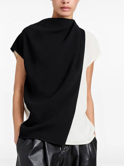 PS Elsa Asymmetric Crepe Cap Sleeve Color Block Top