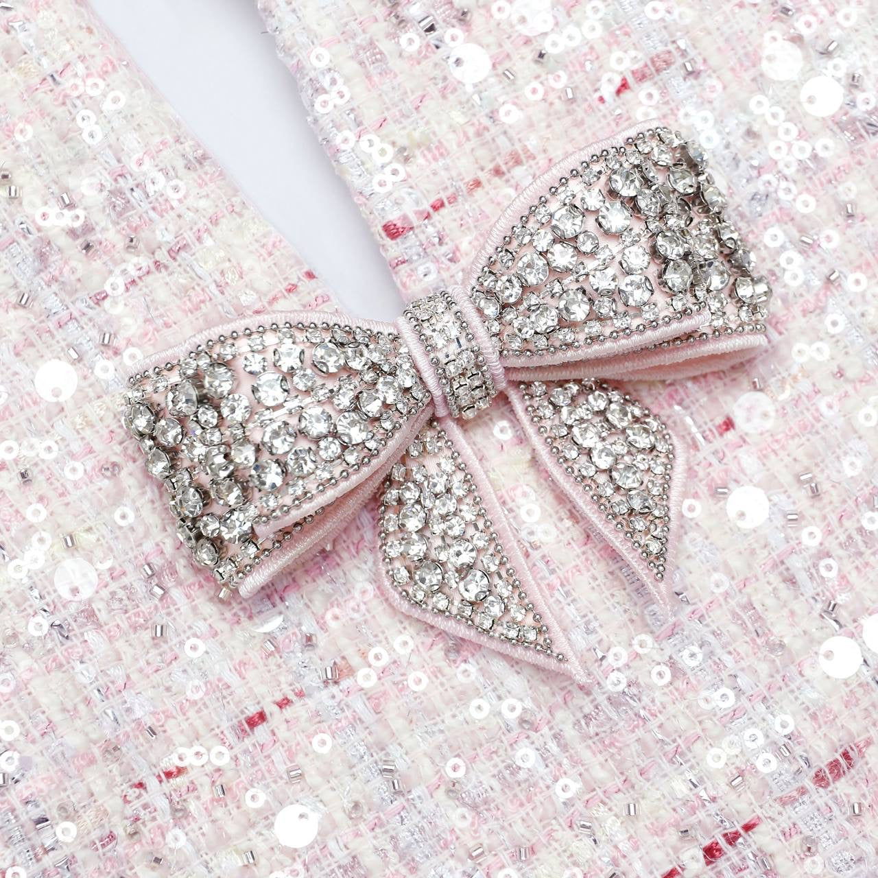 SP Pink Sequin Boucle Jacket | Bow Sleeveless Shift Mini Dress | Set