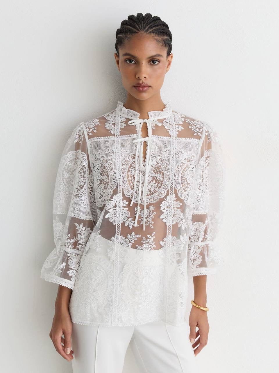 RS Demi Sheer Lace Tie-Neck Blouse Top