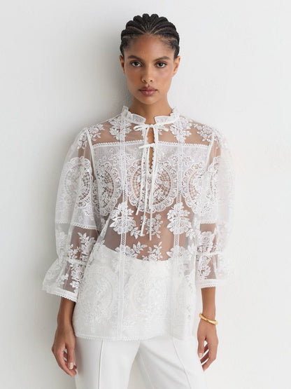 RS Demi Sheer Lace Tie-Neck Blouse Top