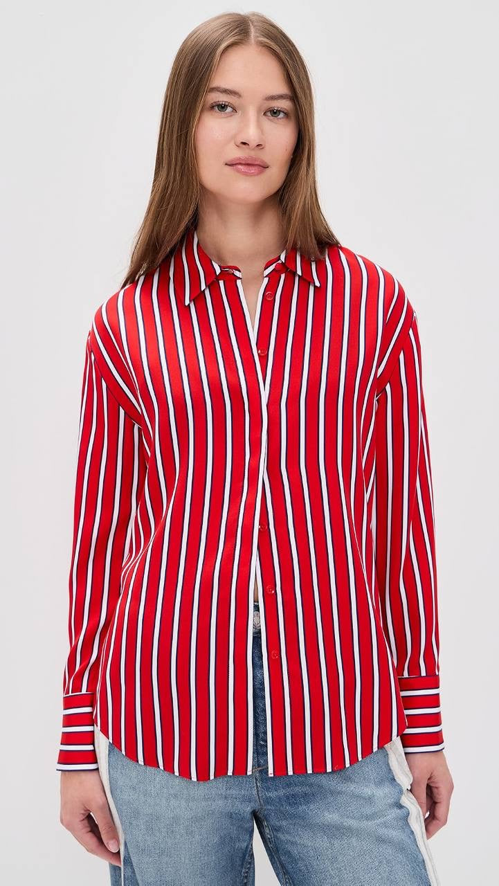 Red/White/Black Stripe Dimitra Oversized Button Down Lyocell Shirt