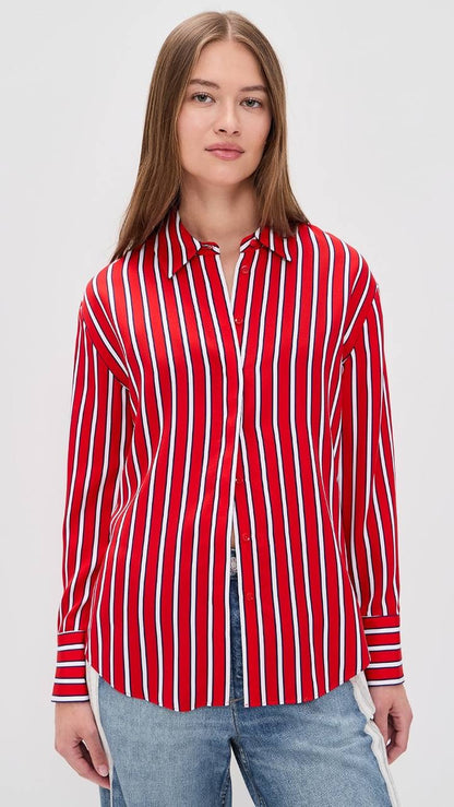 Red/White/Black Stripe Dimitra Oversized Button Down Lyocell Shirt