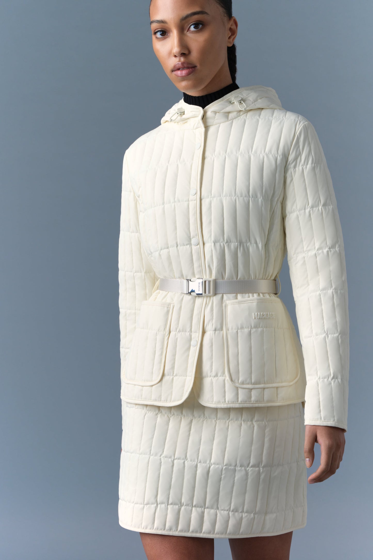 MK Raja Light Down Vertical Quilted Hooded Jacket with Belt