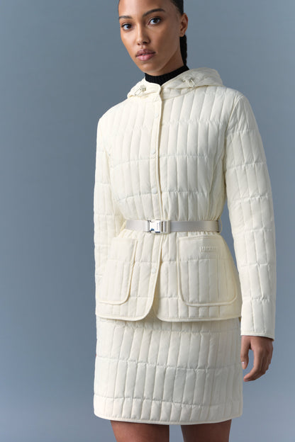 MK Raja Light Down Vertical Quilted Hooded Jacket with Belt
