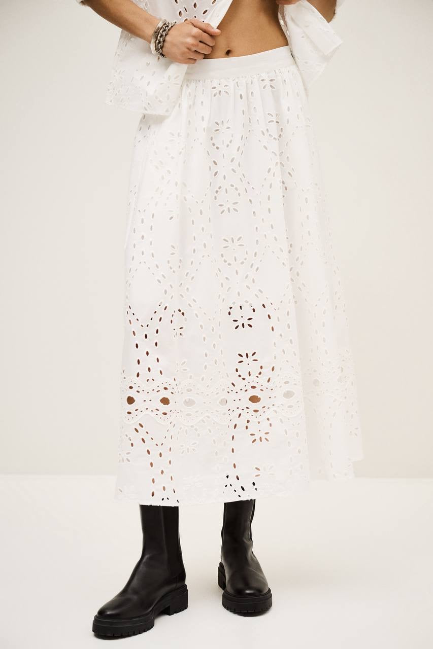 BA Bela Embroidered Eyelet Flared Organic Cotton Midi Skirt