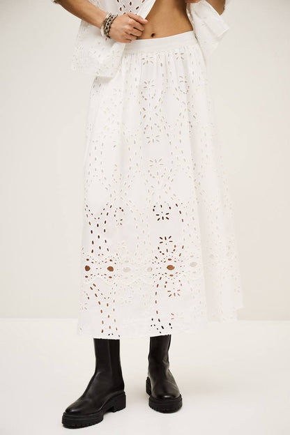 BA Bela Embroidered Eyelet Flared Organic Cotton Midi Skirt