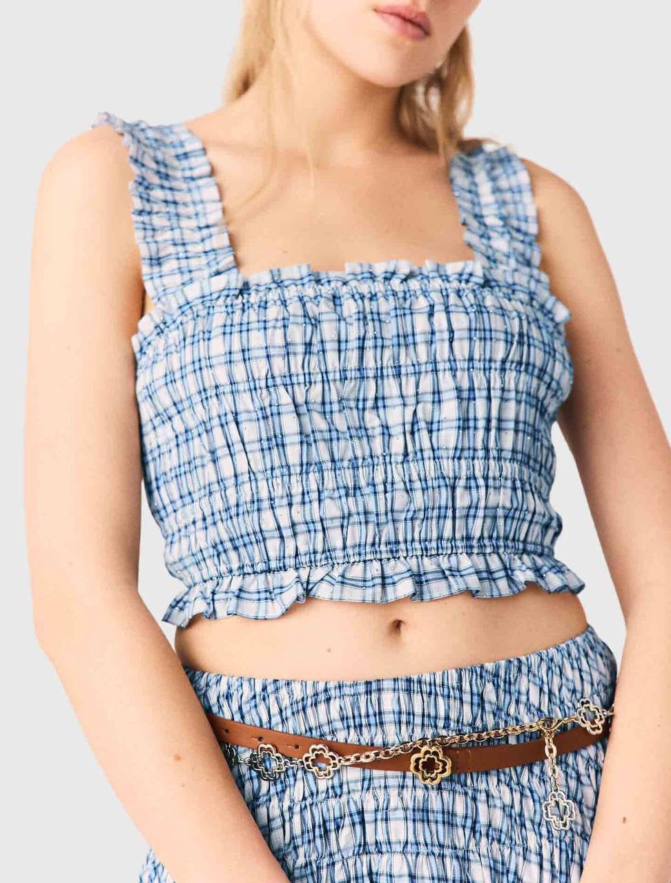 MJ Lunamimi Smocked Crop Top | Jomimi Midi Skirt | Rhinestone-embellished Gingham Cotton Set