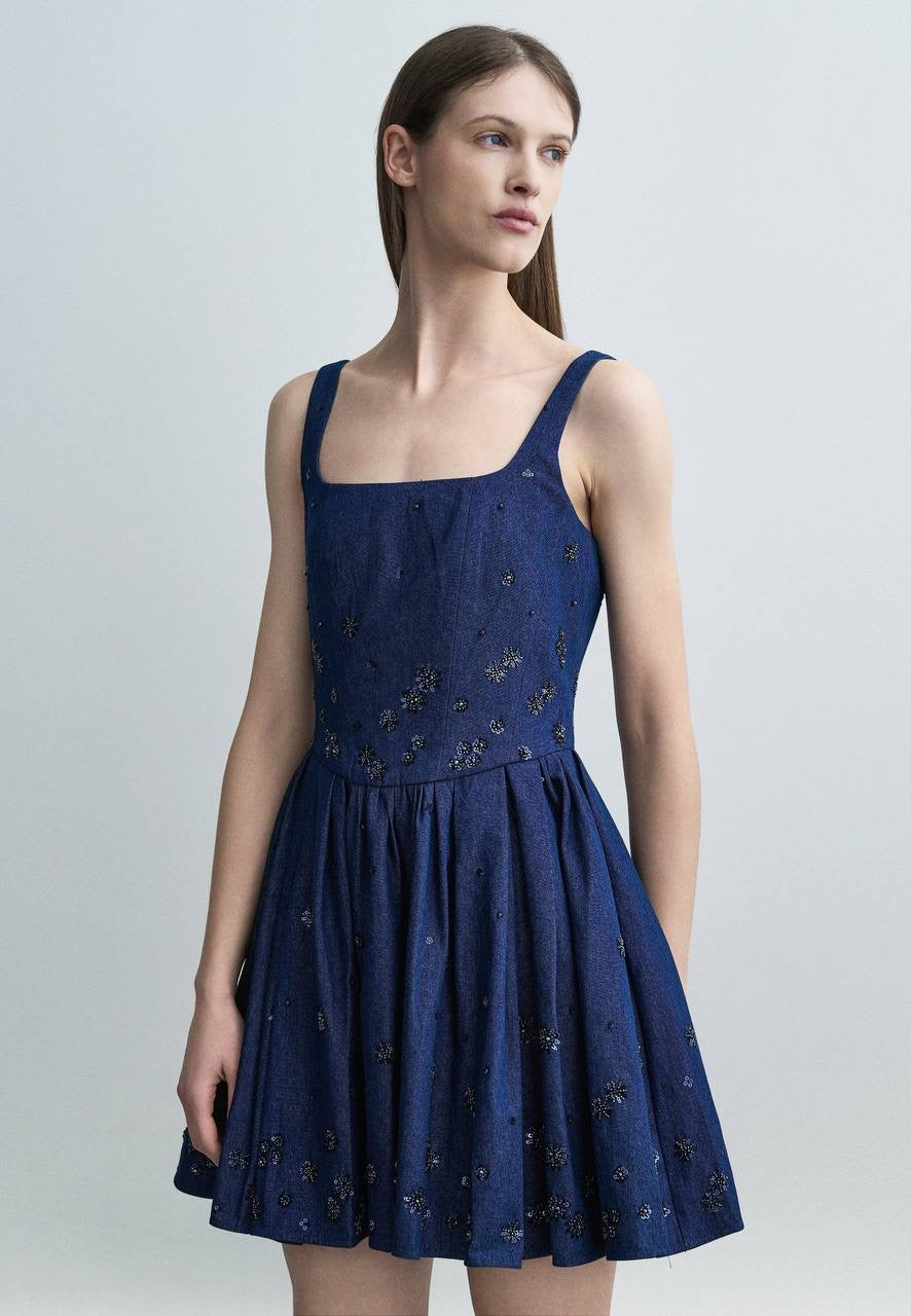 MJ Robradito Flared Embroidered Denim Mini Dress