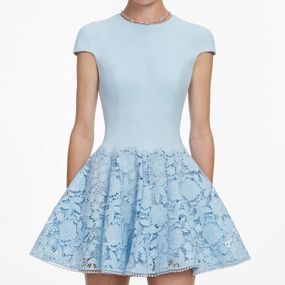 SP Blue Cap Sleeve Crepe Floral Lace Mini Dress