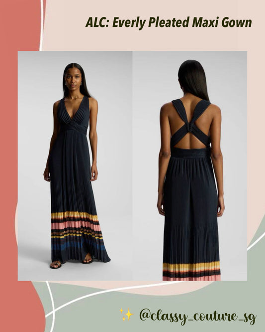 ALC Everly Pleated Maxi Gown Dress in Navy Stripe