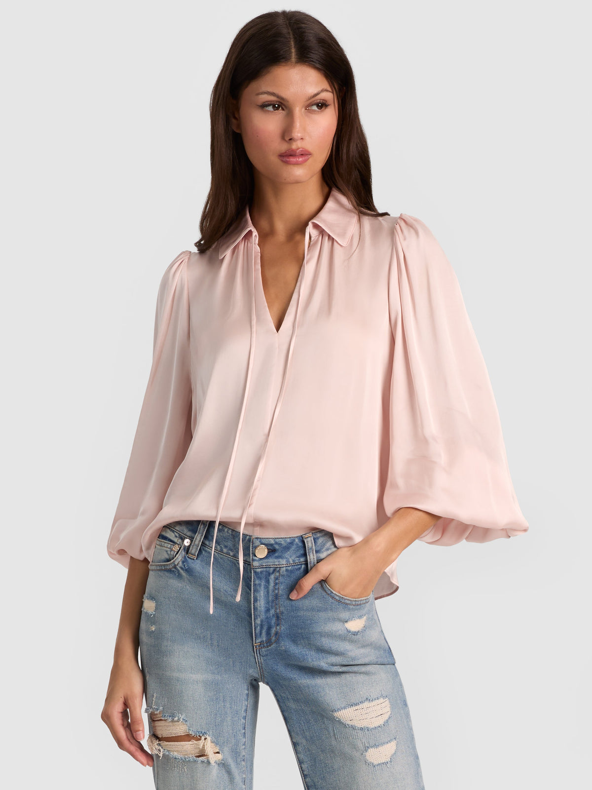 Roanne Tie-Front Viscose-blend Satin Long Sleeve Blouse Top in Blush Pink