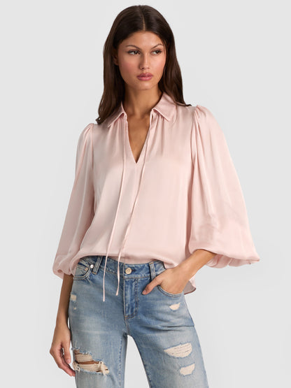 Roanne Tie-Front Viscose-blend Satin Long Sleeve Blouse Top in Blush Pink