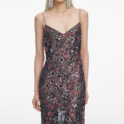SP Navy Floral Sequin Strappy Maxi Dress
