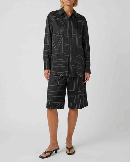 Tot Classic Monogram Embroidered Silk Satin Shirt | Bermuda Culottes Long Shorts | PJ Set
