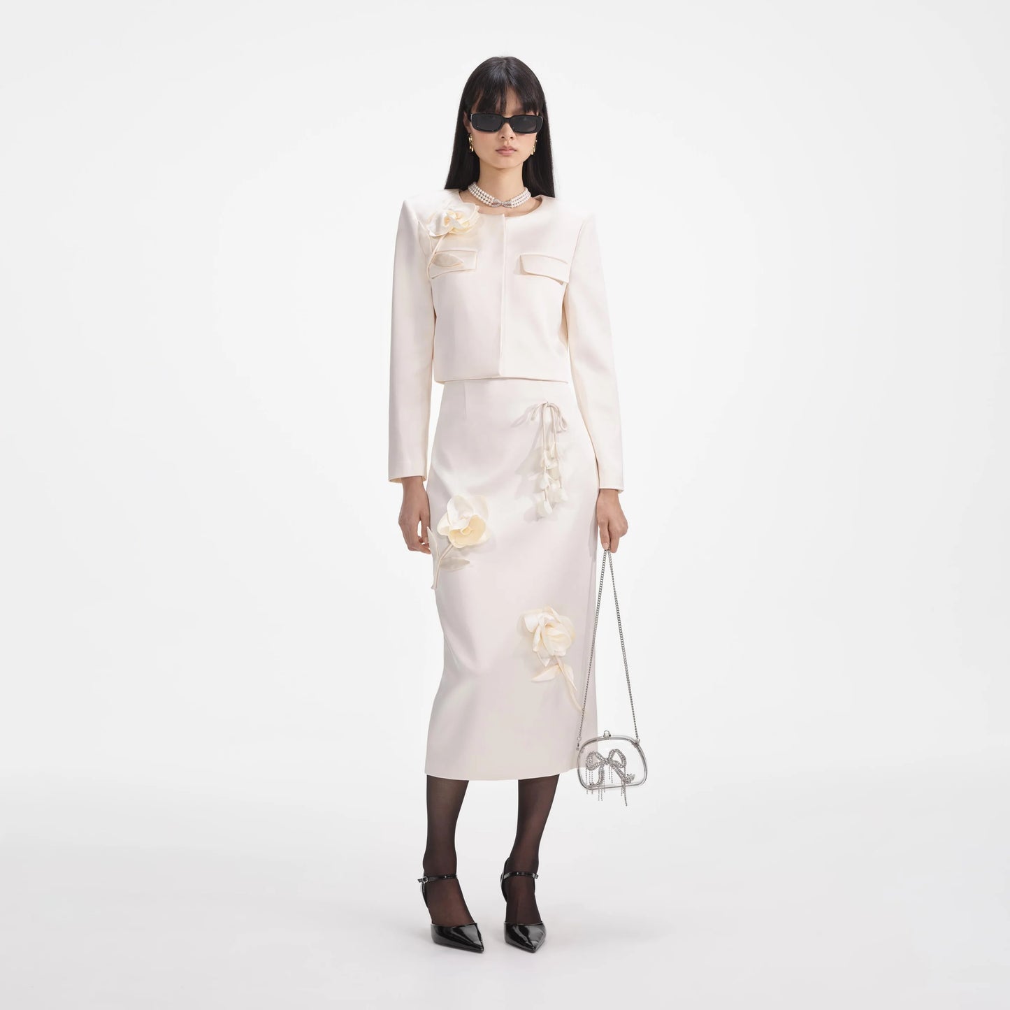 SP Cream 3D Flower Satin Jacket | Midi Skirt