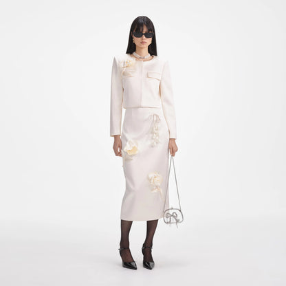 SP Cream 3D Flower Satin Jacket | Midi Skirt