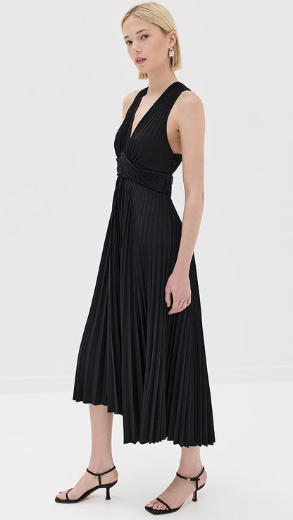 ALC Everly Pleated V Neck Midi Dress