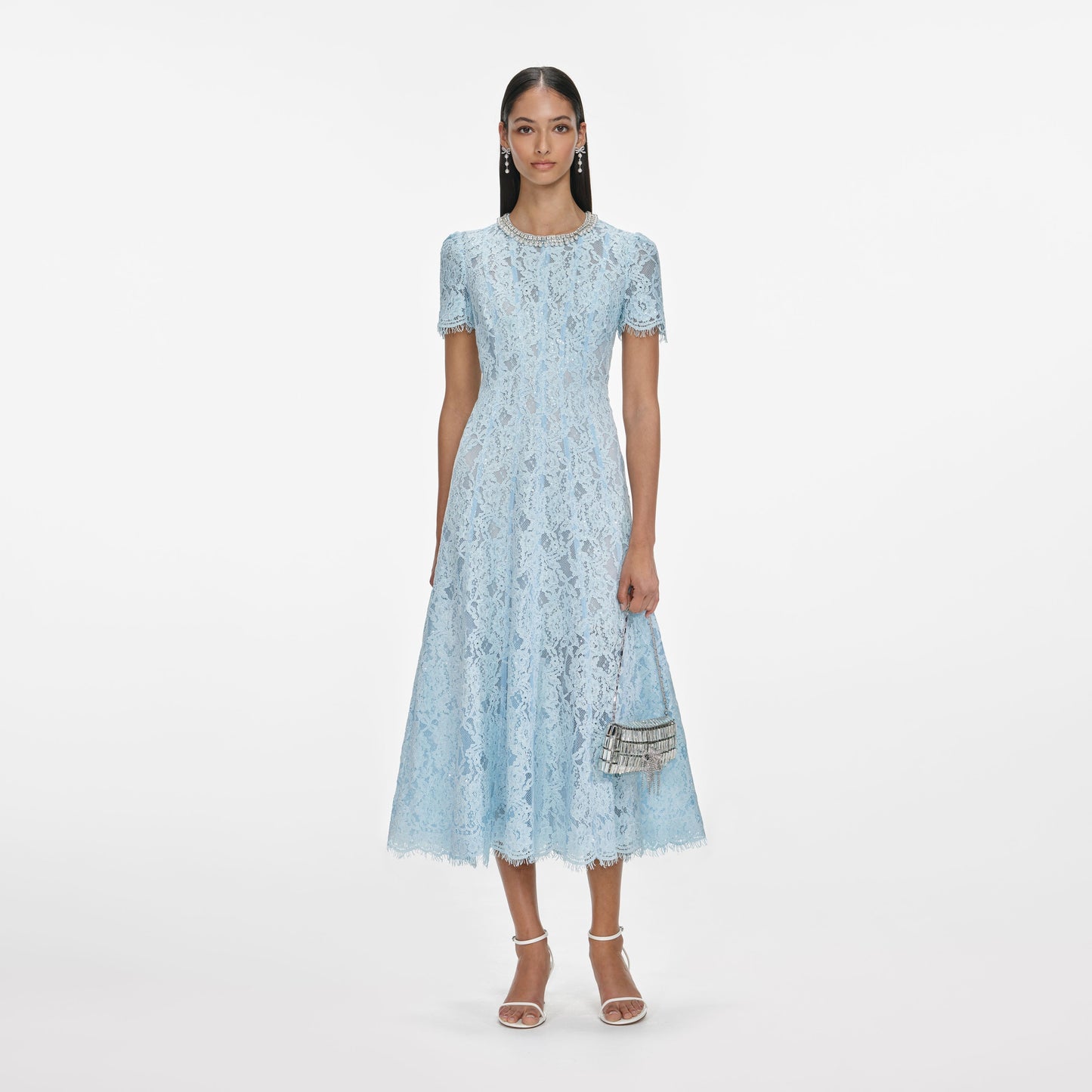 5 Colors! SP Cord Lace Embellished Short Sleeved Midi Dress in Yellow | White | Blue | Pink | Navy (with detachable nude inner slip)