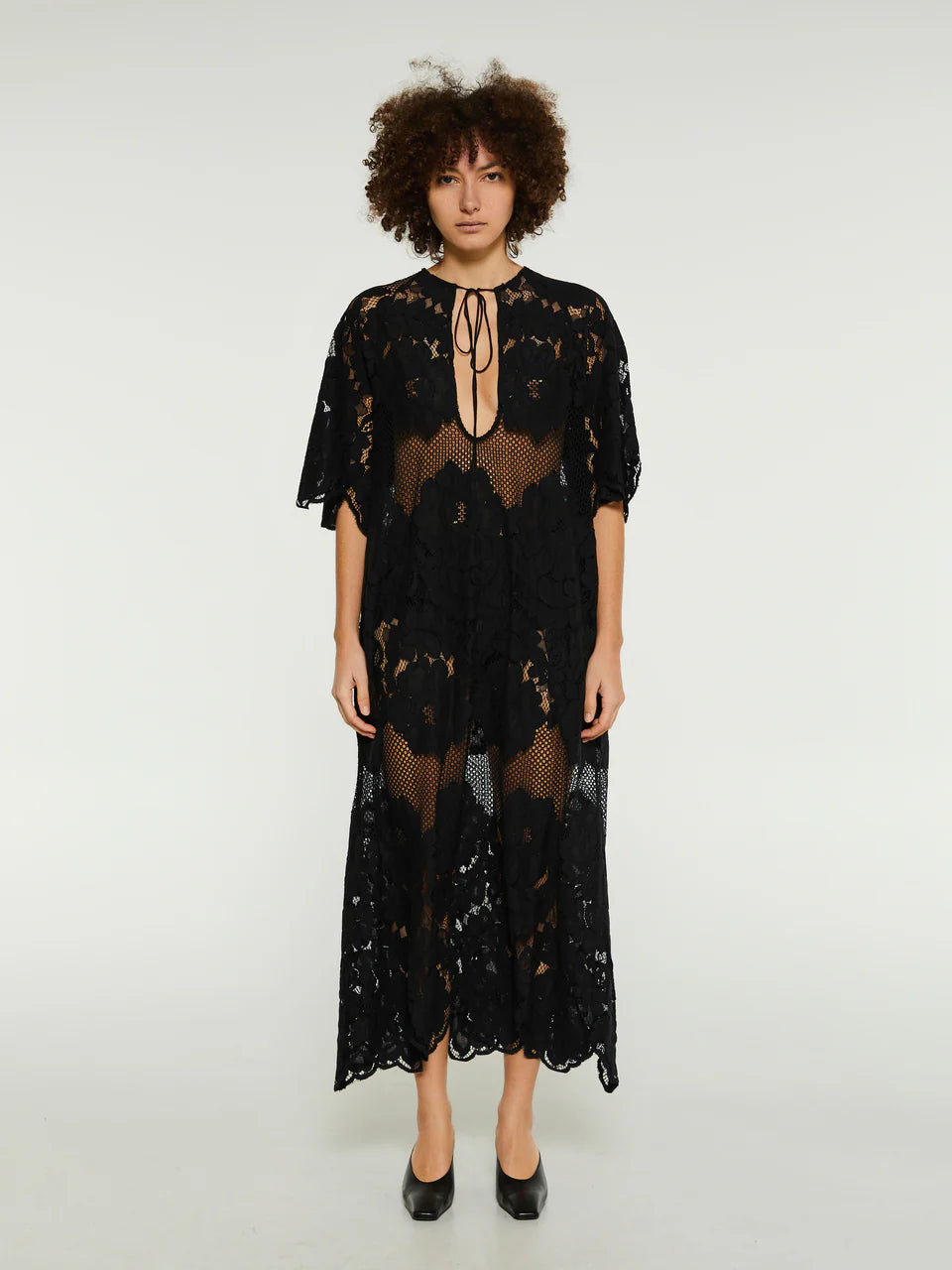 ML Lola Cotton-blend Sheer Lace Short Sleeve Midi Dress