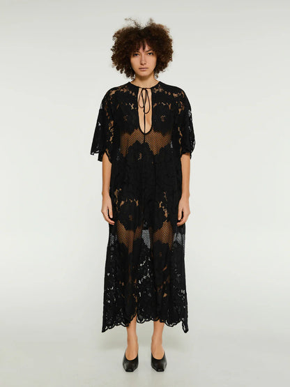 ML Lola Cotton-blend Sheer Lace Short Sleeve Midi Dress