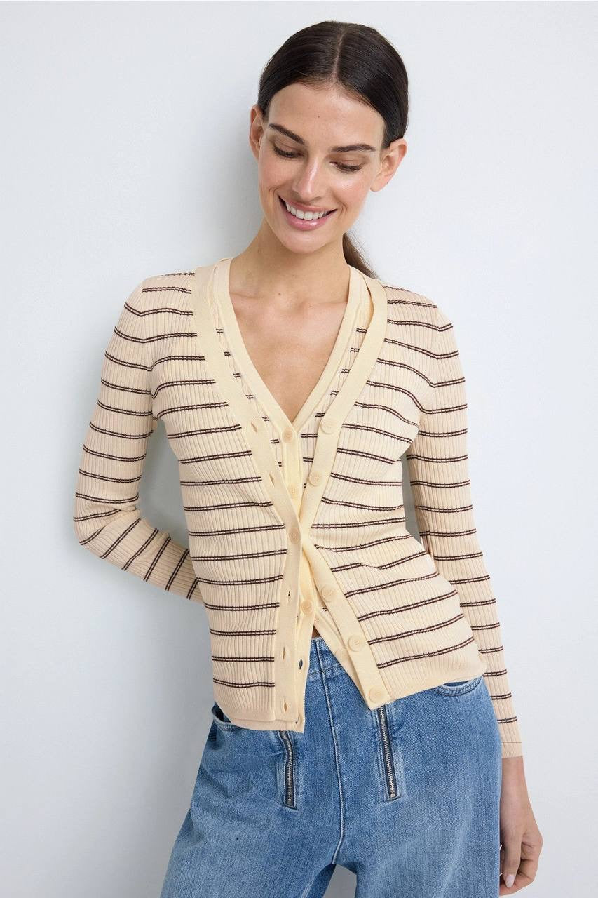 SD Gabri Striped Button Up Viscose-blend Ribbed Cardigan (with attached camisole top)