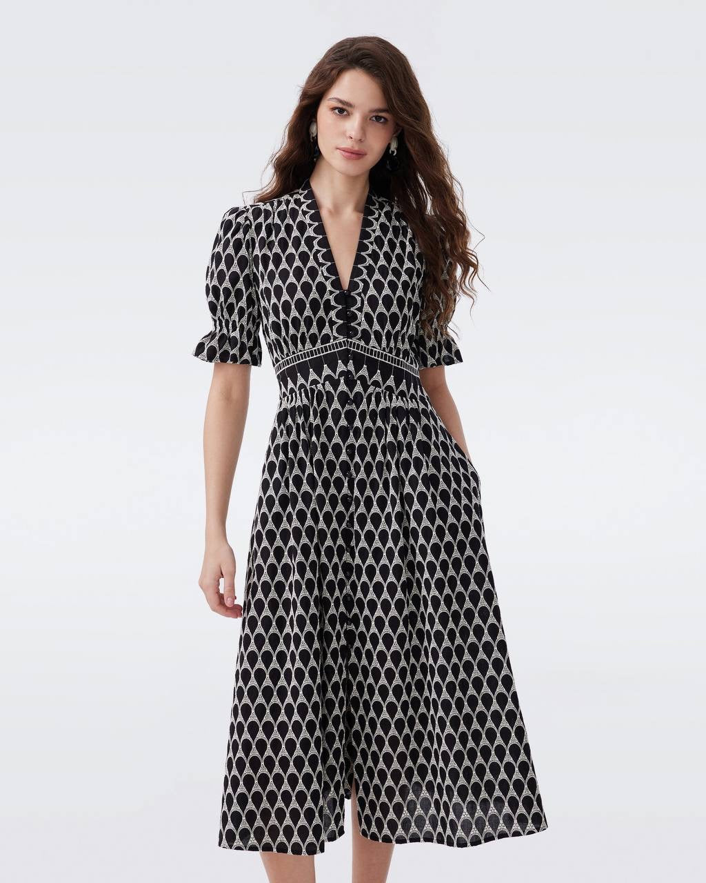 DVF Erica Cotton Midi Dress in Black/Ivory