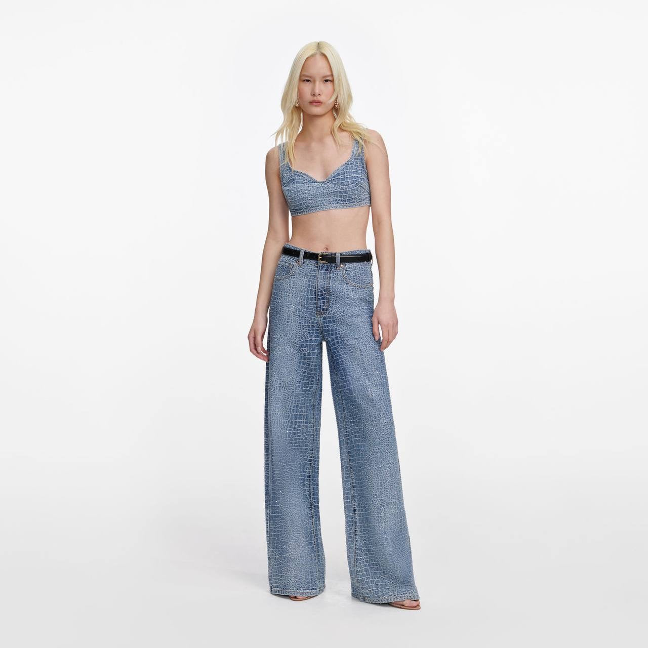 SP Rhinestone Croc Effect Wide Leg Jeans (belt not included)