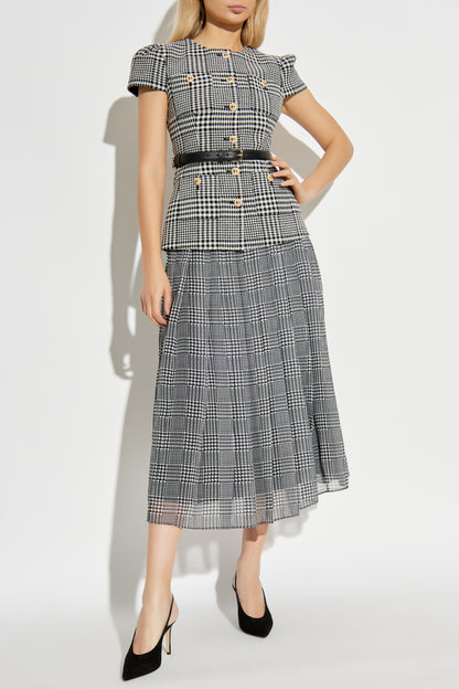 SP Grey Houndstooth Pleated Belted Short Sleeve Mini Dress | Tailored Midi Dress