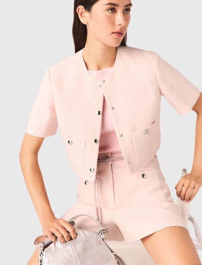 MJ Pink Tweed Cropped Short Sleeve Jacket Top | Shorts | Trouser Pant | Set