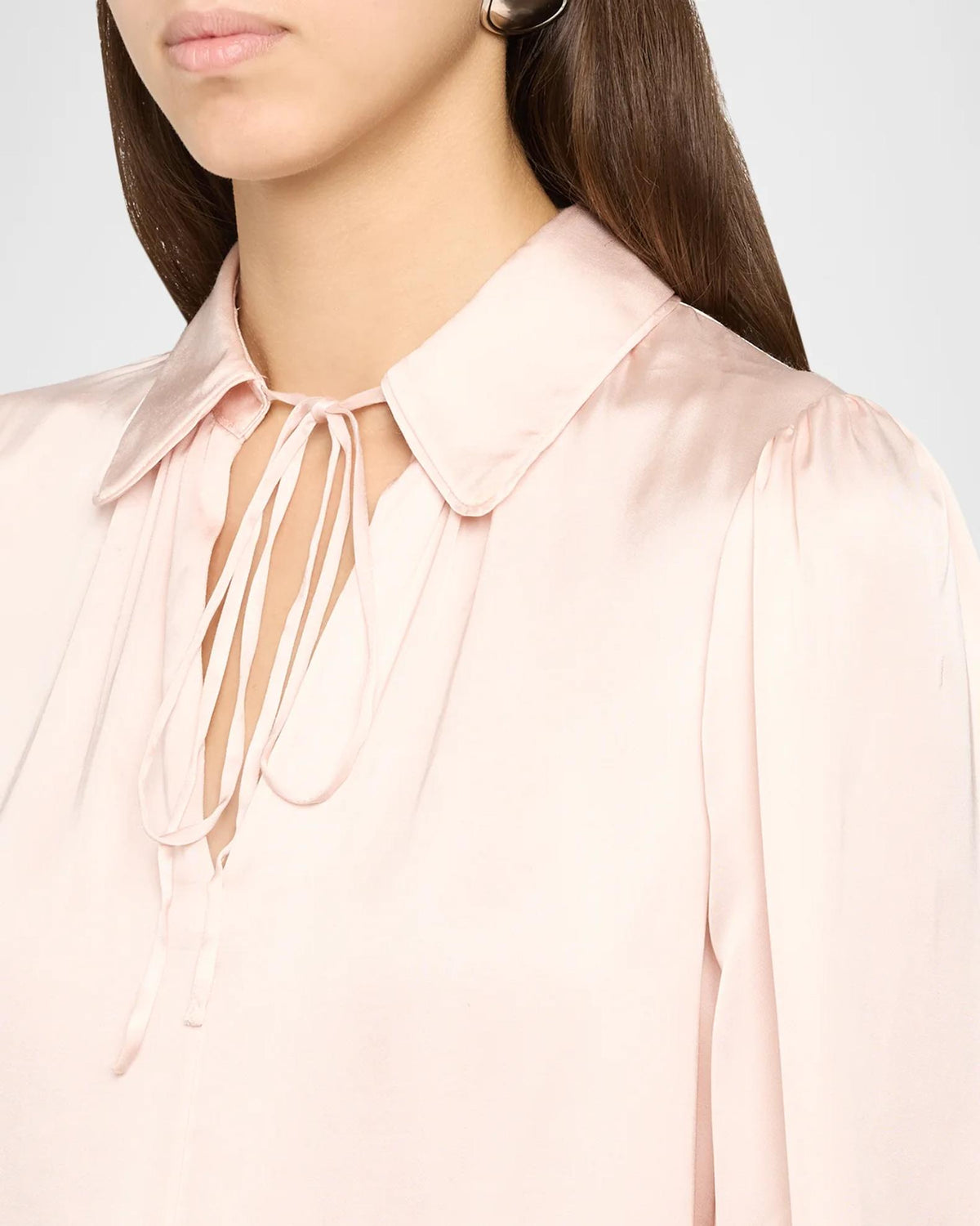 Roanne Tie-Front Viscose-blend Satin Long Sleeve Blouse Top in Blush Pink