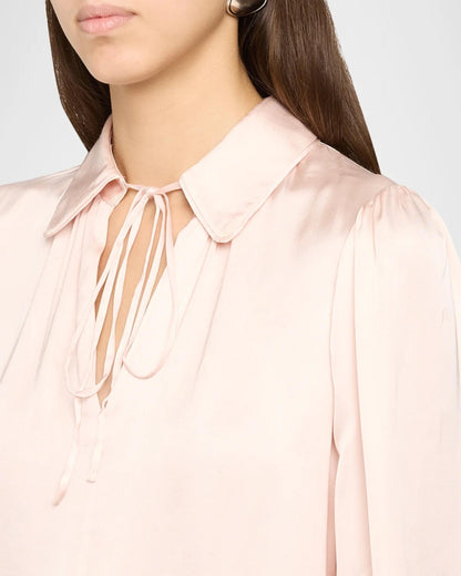 Roanne Tie-Front Viscose-blend Satin Long Sleeve Blouse Top in Blush Pink