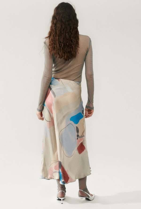 SALE! SL Long Bias Cut Silk Midi Maxi Skirt in Expressionist