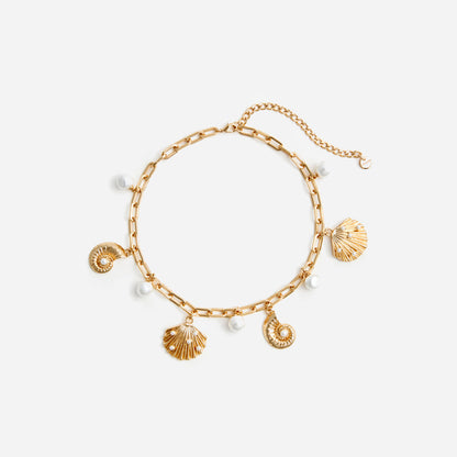 SP Gold-tone Pearl Short Shell & Long Coral Charm Necklace