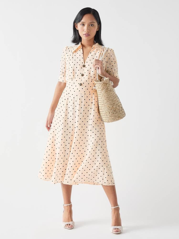 LKB Sophie Cream Viscose-Blend 30'S Polka Dot Midi Dress