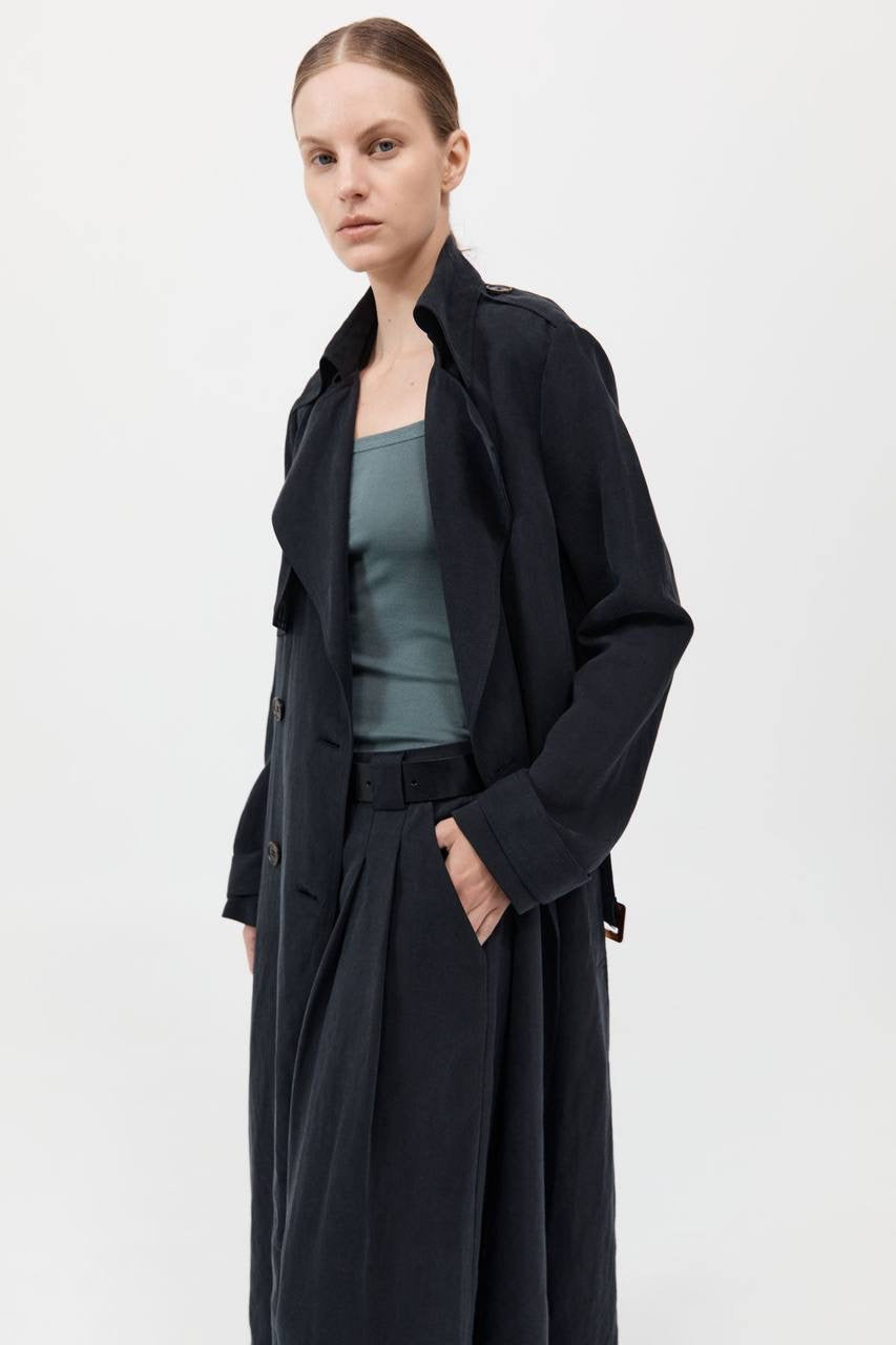 SA Soft Tailored Lyocell-Linen Long Trench Coat