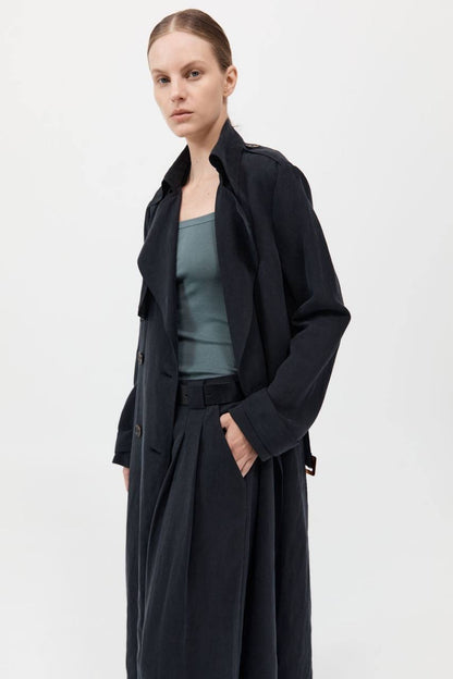 SA Soft Tailored Lyocell-Linen Long Trench Coat