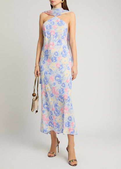 RX Hayley Detachable-Scarf Silk Midi Dress