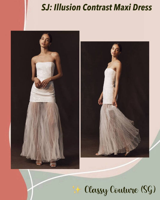 SJ Illusion Contrast Sequinned Bandeau Bodice Sheer Mermaid Skirt Maxi Dress