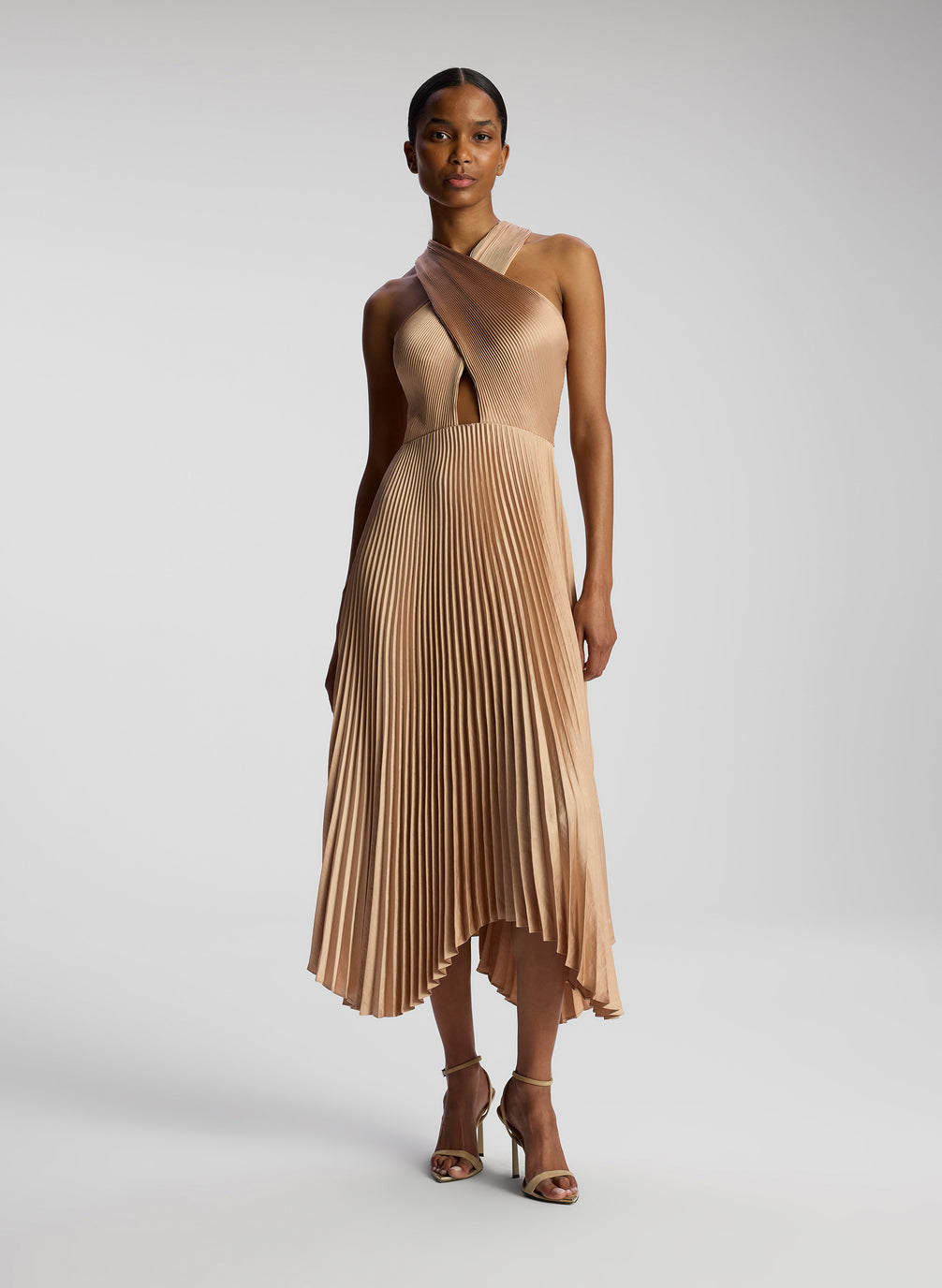 ALC Athena II Satin Pleated Halter Midi Dress in Bella Bronze Pink