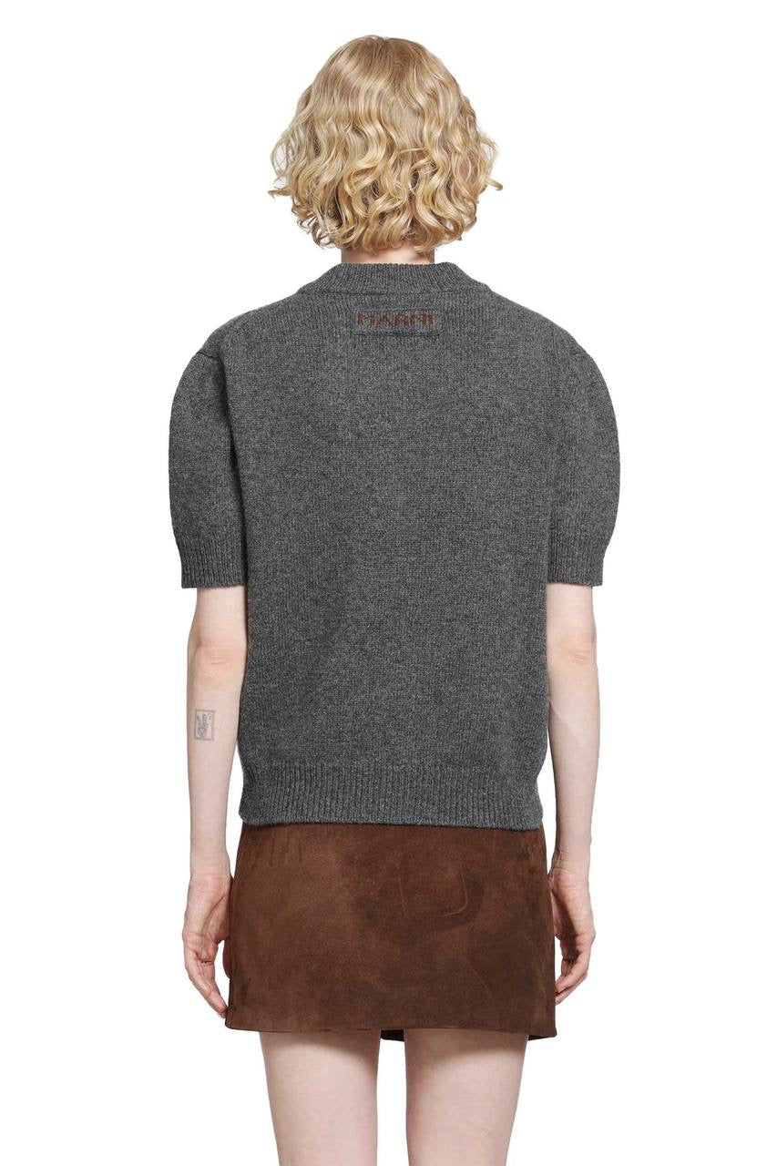 MM Grey Flower-Embroidered Short-Sleeve Wool-cashmere Jumper Top