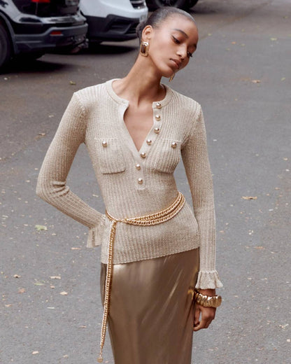 SP Gold Lurex Ribbed Knit Long Sleeved Top | Ruffle Hem Mini Dress