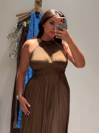 MJ Pleated Halter Neck Midi Dress