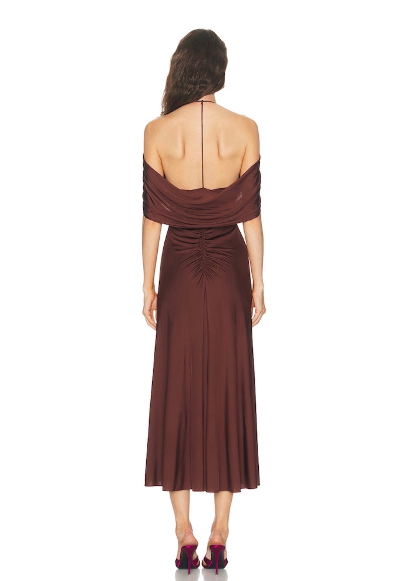 SP Brown Jersey Halter Off-Shoulder Drape Viscose-Blend Midi Dress