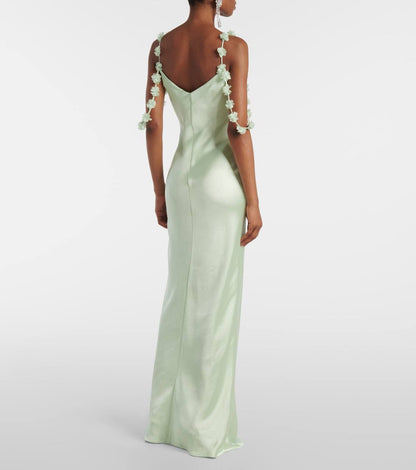 SP Mint Green Floral-Applique Cowl-neck Satin Gown Maxi Dress