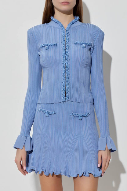 SP Blue Pearl Trim Knit Cardigan | Mini Skirt | Set