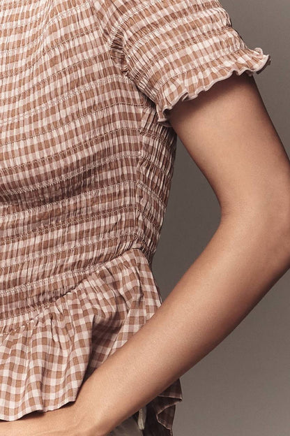 Ref Aggie Puff-Sleeve Smocked Peplum Top